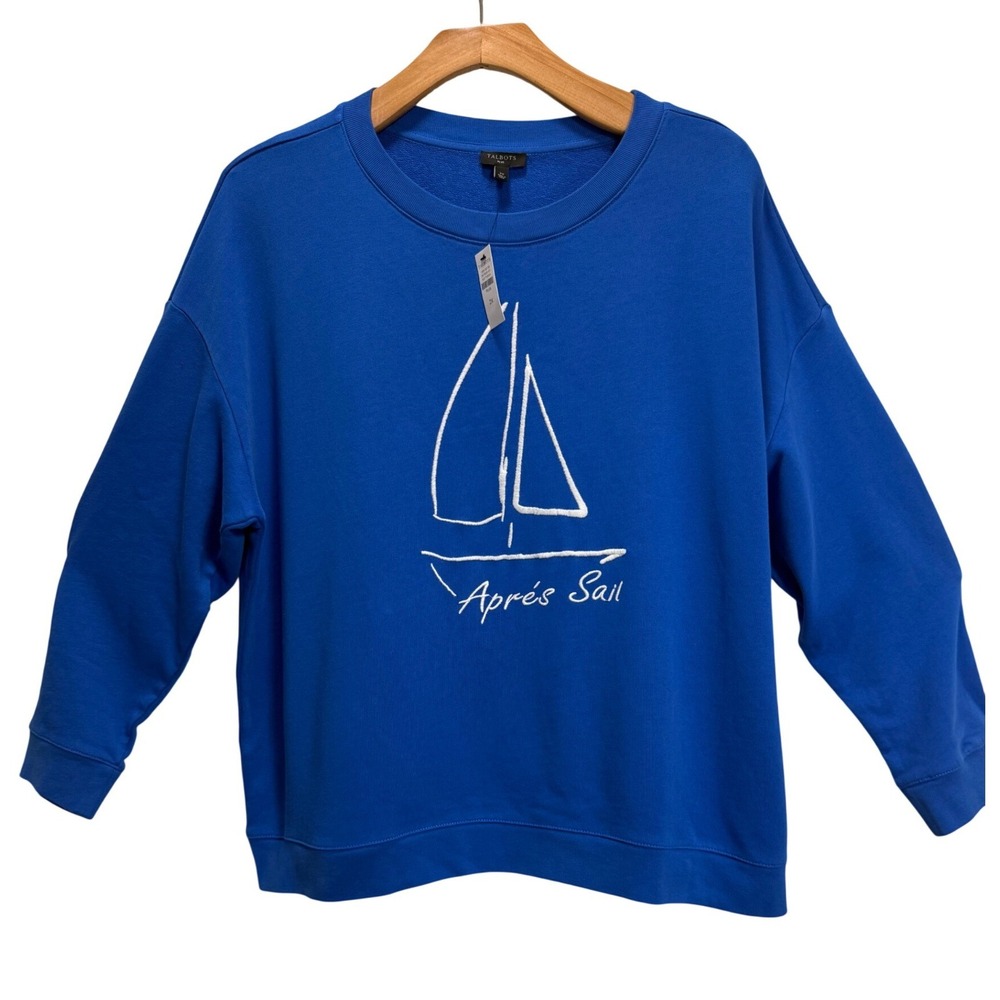 Talbots NEW Sweatshirt Blue French Terry Apres Sail Embroidered Yacht Cotton 2X
